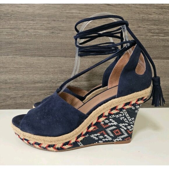 CAbi Isla Wedge Espadrille Sandals Size 7 Navy Blue Multi Tassel Strap - Picture 1 of 7